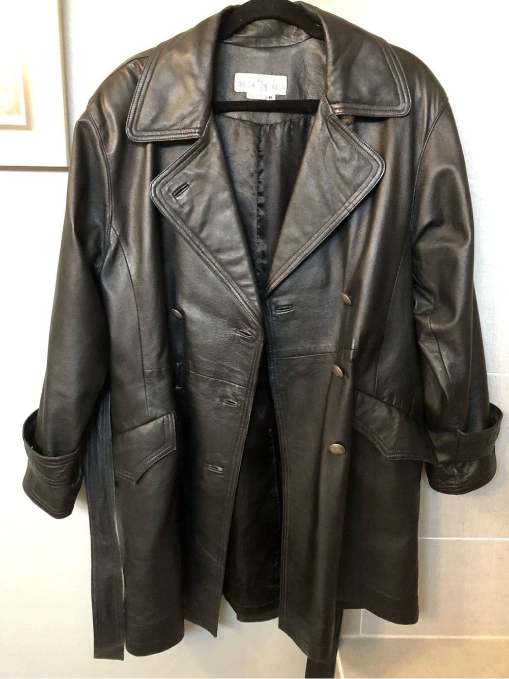 Vintage The La Costa Spa Black Leather Trench Coat Jacket Size M